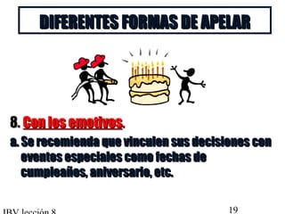 DDIIFFEERREENNTTEESS FFOORRMMAASS DDEE AAPPEELLAARR 
88.. CCoonn llooss eemmoottiivvooss.. 
aa.. SSee rreeccoommiieennddaa qquuee vviinnccuulleenn ssuuss ddeecciissiioonneess ccoonn 
eevveennttooss eessppeecciiaalleess ccoommoo ffeecchhaass ddee 
ccuummpplleeaaññooss,, aanniivveerrssaarriioo,, eettcc.. 
IBV lección 8 19 
 