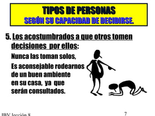 TTIIPPOOSS DDEE PPEERRSSOONNAASS 
SSEEGGÚÚNN SSUU CCAAPPAACCIIDDAADD DDEE DDEECCIIDDIIRRSSEE.. 
55.. Los acostumbrados a que otros tomen 
decisiones por ellos: 
 Nunca las toman solos, 
 Es aconsejable rodearnos 
de un buen ambiente 
en su casa, ya que 
serán consultados. 
IBV lección 8 7 
 