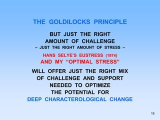 THE GOLDILOCKS PRINCIPLE
BUT JUST THE RIGHT
AMOUNT OF CHALLENGE
– JUST THE RIGHT AMOUNT OF STRESS –
HANS SELYE’S EUSTRESS (1974)
AND MY “OPTIMAL STRESS”
WILL OFFER JUST THE RIGHT MIX
OF CHALLENGE AND SUPPORT
NEEDED TO OPTIMIZE
THE POTENTIAL FOR
DEEP CHARACTEROLOGICAL CHANGE
19
 