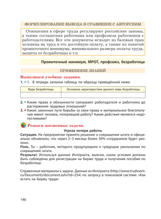 146
ФОРМУЛИРОВАНИЕ ВЫВОДА И СРАВНЕНИЕ С АВТОРСКИМ
Отношения в сфере труда регулируют российские законы,
а также соглашения работника или профсоюза работников с
работодателями. Все эти документы исходят из базовых прав
человека на труд и его достойную оплату, а также из понятий
прожиточного минимума, минимального размера оплаты труда,
защиты от безработицы и т.п.
Прожиточный минимум, МРОТ, профсоюз, безработица
ПРИМЕНЕНИЕ ЗНАНИЙ
Выполняем учебные задания.
1. 1. В тетради заполни таблицу по образцу приведённой ниже:
Виды безработицы Основные характеристики данного вида безработицы
2. Какие права и обязанности связывают работодателя и работника до
расторжения трудовых отношений?
3. Какие законные пути борьбы за свои права и материальное благополу-
чие имеет человек, потерявший работу? Какие действия являются недо-
пустимыми?
Решаем жизненные задачи.
Угроза потери работы
Ситуация. На предприятии принято решение о сокращении штата и офици-
ально объявлено, что через 2–3 месяца более 50% сотрудников будет уво-
лено.
Роль. Ты – работник, которого предупредили о грядущем увольнении по
сокращению штата.
Результат. Используя данные Интернета, выясни, какие условия должны
быть соблюдены для регистрации на бирже труда и получения пособия по
безработице.
Справочные материалы к задаче. Данные из Интернета (http://www.trudvsem.
ru/Documents/document.ashx?id=254) по запросу в поисковой системе: «Как
встать на биржу труда»
 