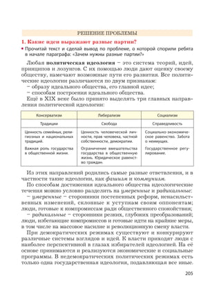 205
РЕШЕНИЕ ПРОБЛЕМЫ
1. Какие идеи выражают разные партии?
Прочитай текст и сделай вывод по проблеме, о которой спорили ребята
в начале параграфа: «Зачем нужны разные партии?»
Любая политическая идеология – это система теорий, идей,
принципов и лозунгов. С их помощью люди дают оценку своему
обществу, намечают возможные пути его развития. Все полити-
ческие идеологии различаются по двум признакам:
– образу идеального общества, его главной идее;
– способам построения идеального общества.
Ещё в XIX веке было принято выделять три главных направ-
ления политической идеологии:
Консерватизм Либерализм Социализм
Традиции Свобода Справедливость
Ценность семейных, рели-
гиозных и национальных
традиций.
Важная роль государства
в общественной жизни.
Ценность человеческой лич-
ности, прав человека, частной
собственности, демократии.
Ограничение вмешательства
государства в общественную
жизнь. Юридическое равенст-
во граждан.
Социально-экономиче-
ское равенство. Забота
о неимущих.
Государственное регу-
лирование.
Из этих направлений родились самые разные ответвления, и в
частности такие идеологии, как фашизм и коммунизм.
По способам достижения идеального общества идеологические
течения можно условно разделить на умеренные и радикальные:
– умеренные – сторонники постепенных реформ, ненасильст-
венных изменений, склонные к уступкам своим оппонентам;
люди, готовые к компромиссам ради общественного спокойствия;
– радикальные – сторонники резких, глубоких преобразований;
люди, избегающие компромиссов и готовые идти на крайние меры,
в том числе на массовое насилие и революционную смену власти.
При демократических режимах существуют и конкурируют
различные системы взглядов и идей. К власти приходят люди с
наиболее перспективной в глазах избирателей идеологией. На её
основе принимаются и реализуются экономические и социальные
программы. В недемократических политических режимах есть
только одна государственная идеология, подавляющая все иные.
 