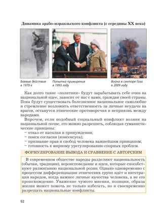 92
Как долго такие «политики» будут зарабатывать себе очки на
национальной идее, зависит от нас с вами, граждан своей страны.
Пока будут существовать болезненное национальное самолюбие
и стремление возложить ответственность за личные неудачи на
врагов, останутся этнические противоречия и неприязнь между
народами.
Впрочем, если подобный социальный конфликт возник на
национальной почве, его можно разрешить, соблюдая гуманисти-
ческие принципы:
– отказ от насилия и принуждения;
– поиск согласия (консенсуса);
– признание прав и свобод человека важнейшим принципом;
– готовность к мирному урегулированию спорных проблем.
ФОРМУЛИРОВАНИЕ ВЫВОДА И СРАВНЕНИЕ С АВТОРСКИМ
В современном обществе народы разделяют национальность
(обычаи, традиции), вероисповедание и идеи, которые способст-
вуют разжиганию национальной розни. Однако одновременно с
процессом дифференциации этнических групп идёт и интегра-
ция народов, когда важнее личные качества человека, а не его
происхождение. Уважение чужого мнения, позиции, образа
жизни может помочь не только избегать, но и своевременно
разрешать национальные конфликты.
Боевые действия
в 1970-х
Попытка примирения
в 1993 году
Война в секторе Газа
в 2009 году
Динамика арабо-израильского конфликта (с середины XX века)
 