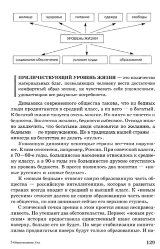 жилище здоровье питание одежда свободы
социальное обеспечение условия труда образование
ПРИЛИЧЕСТВУЮЩИЙ УРОВЕНЬ ж и зн и — это количество
материальных благ, позволяющих человеку вести достаточно
комфортный образ жизни, не чувствовать себя ущемленным,
удовлетворяя все разумные потребности.
Динамика современного общества такова, что из бедных
люди продвигаются в средний класс, а из него — в богатый.
К богатой жизни тянутся очень многие. Но никто не тянется к
бедности. Богатства желают, бедности избегают. Отсюда мож­
но заключить, что богатыми люди становятся по желанию, а
бедными — по принуждению. Но в традициях нашей страны —
никогда из богатства не делать «культ».
Указанную динамику некоторые страны все-таки наруша­
ют. К ним относится, например, Россия. При советской власти,
в 70—80-е годы, большинство населения относилось к средне­
му классу, а в 90-е годы это большинство дружно опустилось
на уровень бедности. В прессе появилось два понятия — «но­
вые русские» и «новые бедные».
К «новым бедным» относят самую образованную часть об­
щества — российскую интеллигенцию, которая в развитых
странах всегда входит в средний и высший класс. К «новым
русским» относят далеко не самую образованную часть наше­
го общества, но они занимают сейчас его верхнюю ступень.
С этической точки зрения в этом кроется явная несправед­
ливость. Но утешают два обстоятельства. Первое: «новым рус­
ским» история предоставила единственный шанс оказаться
наверху, больше его не будет. По мере стабилизации капита­
лизма продвигаться наверх будут только образованные. И на-
5 Обществознание, 8 кл. 129
 