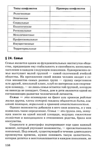 Типы конфликтов Примеры конфликтов
Религиозные
Этнические
Социальные
Политические
Региональные
Межличностные
Профессиональные
Имущественные
Территориальные
§ 24. Семья
Семья является одним из фундаментальных институтов обще­
ства, придающим ему стабильность и способность восполнять
население в каждом следующем поколении. Одновременно се­
мья выступает малой группой — самой сплоченной ячейкой
общества. На протяжении своей жизни человек входит в со­
став множества самых разных групп — группу сверстников
или друзей, школьный класс, клуб по интересам или спортив­
ную команду, — но лишь семья остается той группой, которую
он никогда не покидает. Семья, дом и дети являются одной из
составляющих развития человеческой личности.
Семья — это основацная на браке или кровном родстве
малая группа, члены которой связаны общностью быта, вза­
имной помощью, моральной и правовой ответственностью.
Однако экономисты добавили в него свои аспекты, и у них
появилось такое определение. Семья — это группа лиц, живу­
щих вместе на одной жилой площади, ведущих совместное
хозяйство и находящихся в отношениях родства, брака или
опекунства.
Социологи и демографы подчеркивают еще один важный
момент, который упускают экономисты, — преемственность
поколений. Под семьей, существующей в течение длительного
промежутка времени, нужно понимать такую целостность,
которая делится и восстанавливается в каждом поколении, не
158
 