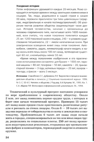 Ускорение истории
Поток информации удваивается каждые 20 месяцев. Резко со­
кращается интервал времени между заметными изменениями в
социуме. Так, люди, родившиеся в нашей стране в начале
X X века, пережили практически три типа цивилизации (аграр­
ную, индустриальную и начало постиндустриальной). Об уско­
рении темпов развития общества свидетельствуют такие дан­
ные. История человечества, начиная с кроманьонца до
человека современного типа, насчитывает всего 1600 поколе­
ний, если считать, что новое поколение появляется каждые
25 лет. 1200 поколений жили в пещерах, 240 — в условиях суще­
ствования письменности, 22 — имели напечатанные книги. При
электрическом освещении живет лишь пятое поколение. Авто­
мобили, самолеты, радио, кинематограф начали входить в на­
шу жизнь всего лишь около 100 лет назад, телевидение сущест­
вует 60 лет, а компьютеры менее 50 лет.
«Время между появлением изобретения и его практиче­
ским использованием составляло: для бумаги - 1000 лет; паро­
вой машины - 80 лет; телефона - 50 лет; самолета - 20; транзи­
сторной техники - 3 года; волновых передач - 20 лет; лазеров -
полгода; а факсов - всего 3 месяца».
Источники: Спасибенко С.Г., Дубровина Л.К. Творчество в процессе взаимо­
действия общества и личности // Социально-политический журнал. 1996.
N2 3. С. 50-67; Человек и общество / Под ред. В.И.Купцова. М., 1993. Кн. 1.
С.4. Абдеев РФ. Философия информационной цивилизации. М., 1994.
Технический и культурный прогресс постоянно ускорялся
по мере приближения к современному обществу. Около
2 млн. лет назад появились первые орудия труда, с которых и
берет свое начало технический прогресс. Примерно 15 тысяч
лет назад наши предки стали практиковать религиозные риту­
алы и рисовать на стенах пещеры. Около 8 — 10 тысяч лет на­
зад они перешли от собирательства и охоты к земледелию и ско­
товодству. Приблизительно б тысяч лет назад люди начали
жить в городах, специализироваться на тех или иных видах тру­
да, разделились на социальные классы. 250 лет назад произо­
шла индустриальная революция, открывшая эру промышлен­
ных фабрик и компьютеров, термоядерной энергии и атомного
оружия.
34
 