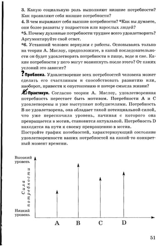 3. Какую социальную роль выполняют низшие потребности?
Как проявляют себя низшие потребности?
4. В чем выражают себя высшие потребности? *Как вы думаете,
они более развиты у подростков или взрослых людей?
*5. Почему духовные потребности труднее всего удовлетворить?
Аргументируйте свой ответ.
*6. Уставший человек вернулся с работы. Основываясь только
на теории А. Маслоу, предположите, в какой последовательно­
сти он будет удовлетворять потребности в пище, воде и сне. Ка­
кие потребности у него могут возникнуть после этого? От каких
условий это зависит?
щ
• Проблема. Удовлетворение всех потребностей человека может
сделать его счастливым и способствовать развитию или,
наоборот, привести к опустошению и потере смысла жизни?
Практикум. Согласно теории А. Маслоу, удовлетворенная
потребность перестает быть мотивом. Потребности А и С
удовлетворены и уже выступают побудителями. Потребность
В не удовлетворена, она обладает такой потенциальной силой,
что уже перескочила уровень, начиная с которого она
превращается в мотив, становится актуальной. Потребность D
находится на пути к своему превращению в мотив.
Постройте график потебностей, характеризующий состояние
удовлетворенности ваших потребностей на какой-то конкрет­
ный момент времени.
Высокий А
уровень
з
g
о
g
о
е
Низкий
уровень
А В С D
51
 