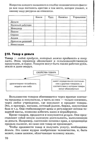 Напротив каждого названного в столбце экономического факто­
ра вам надо поставить крестик в том месте, которое укажет, к
какому виду ресурсов он относится.
Земля Труд Капитал Управление
Деньги
Наемный работник
Менеджер
Пашня
Станки
Акции
Принятие решений
Инвестиции
§10. Товар и деньги
Товар — любой продукт, который можно продавать и поку­
пать. Этим термином обозначают и сельскохозяйственную
продукцию, и сырье. Товаром могут быть также рабочие руки,
земля и даже воздух.
Большинство товаров обменивается через прямые контак­
ты продавца и покупателя, а часть из них — только косвенно,
через любое учреждение, где покупают и продают товары.
Это, к примеру, магазин, оптовый рынок, биржа, закупочная
база и т.д. Они стабилизируют цены и регулируют потоки то­
варной массы, позволяя избегать хаоса и неразберихи.
Кроме товаров, продаются и покупаются услуги. Они пред­
ставляют собой некую полезную деятельность, выполненную
за деньги. Например, сантехник починил кран, а продавщица
продала пылесос, но сами они товар не производят.
Чтобы произвести товар и получить услугу, необходимы
деньги. Это самое мудрое изобретение человечества, и, быть
может, самое важное, облегчающее человеку жизнь.
70
 