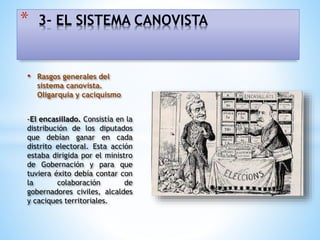 • Rasgos generales del
sistema canovista.
Oligarquía y caciquismo
-El encasillado. Consistía en la
distribución de los diputados
que debían ganar en cada
distrito electoral. Esta acción
estaba dirigida por el ministro
de Gobernación y para que
tuviera éxito debía contar con
la colaboración de
gobernadores civiles, alcaldes
y caciques territoriales.
* 3- EL SISTEMA CANOVISTA
 