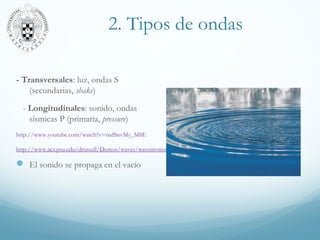 2. Tipos de ondas
- Transversales: luz, ondas S
(secundarias, shake)
- Longitudinales: sonido, ondas
sísmicas P (primaria, pressure)
http://www.youtube.com/watch?v=mdSnvMy_M8E
http://www.acs.psu.edu/drussell/Demos/waves/wavemotion.html
 El sonido se propaga en el vacío
 