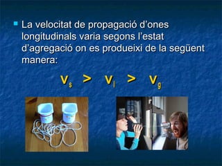 

La velocitat de propagació d’ones
longitudinals varia segons l’estat
d’agregació on es produeixi de la següent
manera:

vs > vl > vg

 