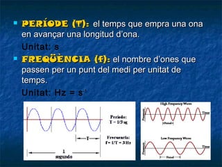 



PERÍODE (T): el temps que empra una ona
en avançar una longitud d’ona.
Unitat: s
FREQÜÈNCIA (f): el nombre d’ones que
passen per un punt del medi per unitat de
temps.
Unitat: Hz = s -1

 