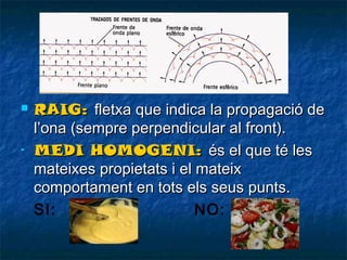 

-

RAIG: fletxa que indica la propagació de
l’ona (sempre perpendicular al front).
MEDI HOMOGENI: és el que té les
mateixes propietats i el mateix
comportament en tots els seus punts.
SI:
NO:

 