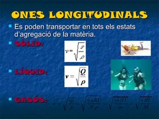 ONES LONGITUDINALS




Es poden transportar en tots els estats
d’agregació de la matèria.
SÒLID:



LÍQUID:



GASÓS:

 