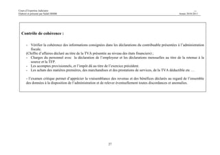 Cours d’Expertise Judiciaire CH/H 
Elaboré et présenté par Salah DHIBI Année 2010-2011 
26 
CHAPITRE I/ 
LES PROCEDURES EN CAS DE VERIFICATION SOMMAIRE 
(PRELIMINAIRE) 
Définition : 
Aux termes des dispositions de l’article 37 du CDPF, la vérification préliminaire des déclarations, actes et écrites détenus 
par l’administration fiscale s’effectue sur la base des éléments y figurant et de tous documents et renseignements dont 
dispose l’administration. 
- Cette vérification a pour but de « rectifier les erreurs apparentes sur la base des renseignements et des documents dont 
dispose l’administration » 
- La vérification préliminaire permet donc un premier contrôle formel et de cohérence ainsi qu’un examen critique des 
déclarations souscrites par le contribuable, sans faire obstacle à la vérification approfondie. 
SECTION I/ 
Les travaux d’expertise : 
Pour mener à bien sa mission, l’expert désigné doit procéder à l’accomplissement des travaux suivants : 
S’assurer que le contribuable accomplit convenablement ses obligations déclaratives.(42) 
- Les diligences sont jugées nécessaires pour accomplir convenablement la mission d’expertise fiscale. 
(42) article 56à 62 du code de l’IRPP et l’IS 
 