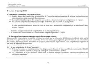 Cours d’Expertise Judiciaire CH/H 
Elaboré et présenté par Salah DHIBI Année 2010-2011 
NB : le journal d’inventaire doit être tenu sans blanc ni altération 
B / Un livre côté et paraphé sur lequel sont portées les écritures du journal général comportant : 
Les comptes individuels et collectifs conformément au plan des comptes de l’entreprise 
30 
II/ Entreprises dont la comptabilité est informatisée 
L’expert désigné doit : 
 S’assurer que la comptabilité est tenue conformément à la législation comptable des entreprises 
 S’assurer qu’un exemplaire du programme initial ou modifié est déposé au bureau du contrôle des impôts, 
contre accusé de réception.(43) 
(43) Article 62 du code de l’IRPP et l’IS. §2 
 