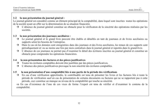 Cours d’Expertise Judiciaire CH/H 
Elaboré et présenté par Salah DHIBI Année 2010-2011 
31 
B- examen de la comptabilité 
1/ examen de la comptabilité sur le plan de forme 
 l’expert désigné doit s’assurer que la comptabilité de l’entreprisse est tenue au niveau de la forme conformément aux 
dispositions du système comptable des entreprises. 
 la comptabilité de l’entreprise doit comporter tous les livres / documents exigés par les législations en vigueur. 
 les écritures comptables doivent être justifiées par des factures, des documents et des arguments. 
Il existe plusieurs défaillances, lacunes, et vices de forme liés à la tenue de la comptabilité qui se manifestent à deux 
niveaux à savoir : 
- Le défaut de la présentation de la comptabilité et de ses pièces justificatives 
- L’existence des vices de formes liés aux documents comptables présentés à l’expert. 
1- La non présentation de certains documents, factures ou arguments 
La comptabilité est considérée incomplète, si l’expert ne vérifie pas sa présentation à l’administration fiscale ainsi que la 
présentation des principaux documents comptables (livres d’inventaire, journal général, grand livre) ou la non présentation 
des journaux et livres auxiliaires, des factures et des pièces justificatives et la présentation d’une comptabilité se rapportant à 
une partie de la période de vérification. 
1-1 la non présentation du livre d’inventaire 
 le livre d’inventaire est considéré comme l’un des principaux éléments de la comptabilité, il contient un état détaillé 
de tous les éléments des actifs et des passifs sur lesquels se déterminent les résultats. 
 Vu l’importance du livre d’inventaire comme étant un élément principal, son absence constitue une violation des 
obligations comptables. 
 