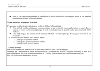 Cours d’Expertise Judiciaire CH/H 
Elaboré et présenté par Salah DHIBI Année 2010-2011 
(-) Chèques impayés 470.000 570.000 425.000 1.800 
(-) Les consignes et les cautions 29.000 28.000 26.000 30.000 
(-) Les chèques annulés 41.115 13.900 401.000 
(-) Encaissements provenant de la 
39 
cession d’immobilisations 
corporelles 
- 67.000 33.000 - 
(-) Encaissements provenant des 
sociétés d’assurance 
1.100 - - - 
(-) Encaissements provenant de la 
participation 
108.000 270.000 - 40.000 
(-) Indemnités de mise à niveau - 50.000 120.000 26.000 
(-) Encaissements à titre des 
emprunts 
- 800.000 - - 
(+) Retenues à la source récupérable 
effectuées par les clients 
430 600 9.800 12.000 
(-) Encaissements des loyers - - 900 900 
(-) Encaissements de l’intérêt 
créditeur 
11.000 9.000 1.300 2.400 
(+) Variation des comptes effets à 
recevoir (solde de fin d’exercice 
– solde de début d’exercice) 
48.000 411.000 10.400 29.000 
Chiffre d’affaires rectifié (TTC) 12.930.435 12.503.360 14.649.728 14.826.300 
Chiffre d’affaires déclaré (TTC) 12.600.000 12.300.000 13.400.000 14.000.000 
manque 330.435 209.360 1.249.728 826.300 
 