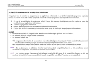Cours d’Expertise Judiciaire CH/H 
Elaboré et présenté par Salah DHIBI Année 2010-2011 
41 
marchandises Inventaire du 
stock de la 
marchandise 
au 05/07/2002 
Quantités des 
achats du 
01/01/2002 
jusqu’au 
05/07/2002 
Quantités 
vendues du 
01/01/2002 
jusqu’au 
05/07/2002 
Stock 
corrigé au 
31/12/2001 
Stock déclaré 
au 31/12/2001 
variation 
Réfrigérateur 
85 -65 +70 90 65 25 
Climatiseur 
50 -40 +30 40 12 28 
Télévision 
45 -25 +20 40 36 04 
Machine à laver 
43 -30 +31 44 12 32 
Micro-ondes 
41 -37 +43 47 08 39 
En se référant au bilan 2001, l’expert est tenu de comparer la quantité enregistrée dans le livre d’inventaire au 31/12/2001 
avec la quantité recomptée 
 