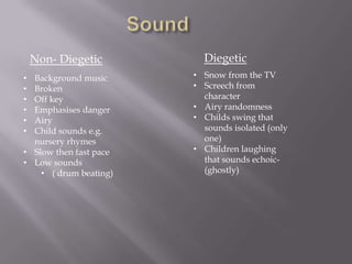 Non- Diegetic         Diegetic
• Background music      • Snow from the TV
• Broken                • Screech from
• Off key                 character
• Emphasises danger     • Airy randomness
• Airy                  • Childs swing that
• Child sounds e.g.       sounds isolated (only
  nursery rhymes          one)
• Slow then fast pace   • Children laughing
• Low sounds              that sounds echoic-
    • ( drum beating)     (ghostly)
 