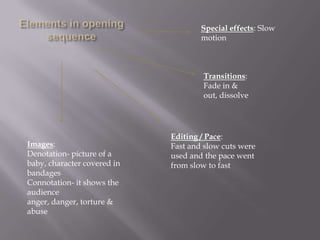 Special effects: Slow
                                     motion



                                     Transitions:
                                     Fade in &
                                     out, dissolve




                             Editing / Pace:
Images:                      Fast and slow cuts were
Denotation- picture of a     used and the pace went
baby, character covered in   from slow to fast
bandages
Connotation- it shows the
audience
anger, danger, torture &
abuse
 