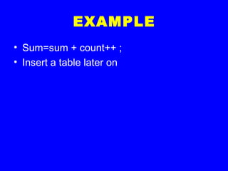 EXAMPLE
• Sum=sum + count++ ;
• Insert a table later on
 