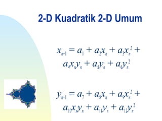 2-D Kuadratik 2-D Umum
xn+1 = a1 + a2xn + a3xn
2
+
a4xnyn + a5yn + a6yn
2
yn+1 = a7 + a8xn + a9xn
2
+
a10xnyn + a11yn + a12yn
2
 