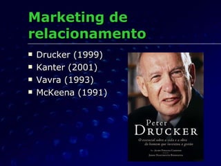 Marketing de relacionamento Drucker (1999) Kanter (2001) Vavra (1993) McKeena (1991) 
