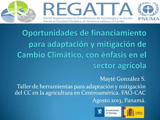 Mayté González S.
Taller de herramientas para adaptación y mitigación
del CC en la agricultura en Centroamérica. FAO-CAC
Agosto 2013, Panamá.

 
