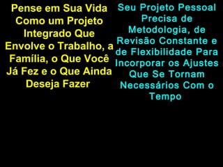 Pense em Sua Vida Seu Projeto Pessoal
  Como um Projeto          Precisa de
   Integrado Que        Metodologia, de
                      Revisão Constante e
Envolve o Trabalho, a
                      de Flexibilidade Para
 Família, o Que Você Incorporar os Ajustes
Já Fez e o Que Ainda     Que Se Tornam
    Deseja Fazer       Necessários Com o
                            Tempo
                   Aprenda a Gerenciar Sua
                    Carreira e a Manter o
                    Rumo Profissional em
                    Tempos Turbulentos
 