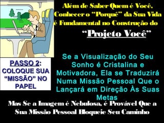 Além de Saber Quem é Você,
              Conhecer o “Porquê” da Sua Vida
              é Fundamental no Construção do
                      “Projeto Você”

                 Se a Visualização do Seu
  PASSO 2:         Sonho é Cristalina e
COLOQUE SUA Motivadora, Ela se Traduzirá
“MISSÃO” NO    Numa Missão Pessoal Que o
   PAPEL
               Lançará em Direção Às Suas
                           Metas
 Mas Se a Imagem é Nebulosa, é Provável Que a
   Sua Missão Pessoal Bloqueie Seu Caminho
 