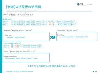 Copyright © 2015 TIS Inc. All rights reserved. 16
【参考】ログ監視の活用例
Zabbixログ監視フィルタリングの仕組み
LogItem “Apache Access Log 4xx”
Item key:
log[logfile, “s4([0-9]){2}s”]
[監視対象ログ]
10.3.xx.xx - - [14/Apr/2015:17:30:50 +0900] "POST /zabbix HTTP/1.1" 200 944 "-" "Mozilla/5.0 (Windows NT 6.1)"
10.1.xx.xx - - [14/Apr/2015:17:33:23 +0900] "POST /zabbix HTTP/1.1" 400 944 "-" "Mozilla/5.0 (Windows NT 6.1)"
10.2.xx.xx - - [14/Apr/2015:17:34:52 +0900] "POST /zabbix HTTP/1.1" 400 944 "-" "Mozilla/5.0 (Windows NT 6.1)"
CountItem “4xx log count”
[アイテムで抽出されたログ]
10.1.xx.xx - -略... 400 944 "-" "Mozilla/5.0 (Windows NT 6.1)"
10.2.xx.xx - -略... 400 944 "-" "Mozilla/5.0 (Windows NT 6.1)"
Trigger “Access Log 4xx from 10.2.xx.xx”
Trigger condition:
log[logfilename, “s4([0-9]){2}s”].regexp( “^10.2”)
Item key:
count(“host:log[logfile, “s4([0-9]){2}s”]”,60)
計算アイテムを活用すればログ発生数のカウンティングも可
 