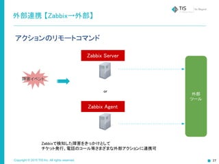 Copyright © 2015 TIS Inc. All rights reserved. 27
外部連携 【Zabbix→外部】
アクションのリモートコマンド
障害イベント
Zabbix Server
Zabbix Agent
or
外部
ツール
Zabbixで検知した障害をきっかけとして
チケット発行、電話のコール等さまざまな外部アクションに連携可
 