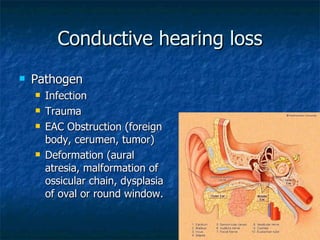 Conductive hearing loss Pathogen Infection  Trauma EAC Obstruction (foreign body, cerumen, tumor) Deformation (aural atresia, malformation of ossicular chain, dysplasia of oval or round window. 