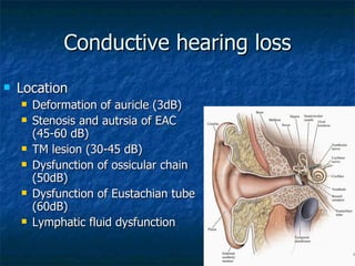 Conductive hearing loss Location  Deformation of auricle (3dB) Stenosis and autrsia of EAC (45-60 dB) TM lesion (30-45 dB) Dysfunction of ossicular chain (50dB) Dysfunction of Eustachian tube (60dB) Lymphatic fluid dysfunction 