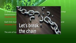 In order to control or prevent infection it is essential to understand that
transmission of a Pathogen resulting in colonization or infection
requires that six vital links
Each link must be present for infection or colonization to proceed and
breaking of any of the Links can prevent the infection
The aim of isolation precautions is to interrupt these links
 