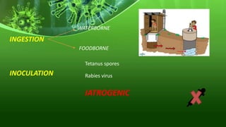 INGESTION
WATERBORNE
FOODBORNE
INOCULATION
Tetanus spores
Rabies virus
IATROGENIC
 