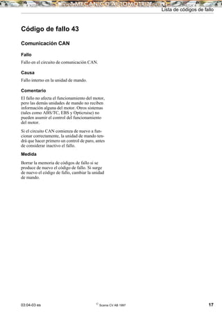 03:04-03 es ©
Scania CV AB 1997 17
Lista de códigos de fallo
Código de fallo 43
Comunicación CAN
Fallo
Fallo en el circuito de comunicación CAN.
Causa
Fallo interno en la unidad de mando.
Comentario
El fallo no afecta el funcionamiento del motor,
pero las demás unidades de mando no reciben
información alguna del motor. Otros sistemas
(tales como ABS/TC, EBS y Opticruise) no
pueden asumir el control del funcionamiento
del motor.
Si el circuito CAN comienza de nuevo a fun-
cionar correctamente, la unidad de mando ten-
drá que hacer primero un control de paro, antes
de considerar inactivo el fallo.
Medida
Borrar la memoria de códigos de fallo si se
produce de nuevo el código de fallo. Si surge
de nuevo el código de fallo, cambiar la unidad
de mando.
 