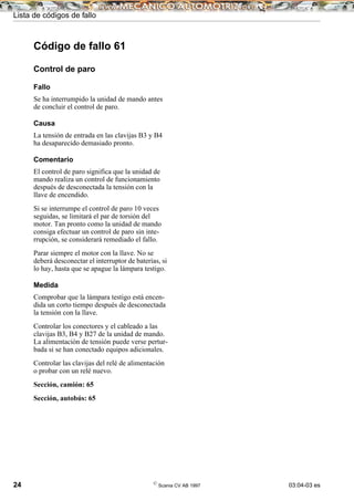 Lista de códigos de fallo
24 ©
Scania CV AB 1997 03:04-03 es
Código de fallo 61
Control de paro
Fallo
Se ha interrumpido la unidad de mando antes
de concluir el control de paro.
Causa
La tensión de entrada en las clavijas B3 y B4
ha desaparecido demasiado pronto.
Comentario
El control de paro significa que la unidad de
mando realiza un control de funcionamiento
después de desconectada la tensión con la
llave de encendido.
Si se interrumpe el control de paro 10 veces
seguidas, se limitará el par de torsión del
motor. Tan pronto como la unidad de mando
consiga efectuar un control de paro sin inte-
rrupción, se considerará remediado el fallo.
Parar siempre el motor con la llave. No se
deberá desconectar el interruptor de baterías, si
lo hay, hasta que se apague la lámpara testigo.
Medida
Comprobar que la lámpara testigo está encen-
dida un corto tiempo después de desconectada
la tensión con la llave.
Controlar los conectores y el cableado a las
clavijas B3, B4 y B27 de la unidad de mando.
La alimentación de tensión puede verse pertur-
bada si se han conectado equipos adicionales.
Controlar las clavijas del relé de alimentación
o probar con un relé nuevo.
Sección, camión: 65
Sección, autobús: 65
 