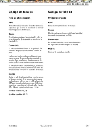 03:04-03 es ©
Scania CV AB 1997 25
Lista de códigos de fallo
Código de fallo 64
Relé de alimentación
Fallo
Alimentación de tensión a la unidad de mando
a pesar de que la llave de encendido se encuen-
tra en la posición de bloqueo.
Causa
Tensión de entrada en las clavijas B3 y B4 a
pesar de que ha desaparecido la tensión en la
clavija B15.
Comentario
El relé de alimentación no se ha quedado sin
corriente después de concluido el control de
paro.
La lámpara testigo está encendida continua-
mente, a pesar de que se ha desconectado la
tensión. Esto no afecta el funcionamiento del
motor, es decir, que puede arrancarse de nuevo.
Si está encendida la lámpara testigo, es necesa-
rio que quitar el relé de alimentación antes de
desenchufar el conector de la unidad de mando.
Medida
Quitar el relé de alimentación y ver si se apaga
la lámpara testigo. Si se apaga, se debe a que
no funciona el relé o a que el cable a la clavija
B27 está cortocircuitado con masa. Si la lám-
para sigue encendida, el cableado a las clavijas
B3 y B4 está cortocircuitado con +24 V.
Sección, camión: 65, 71
Sección, autobús: 65, 71
Código de fallo 81
Unidad de mando
Fallo
Fallo interno en la unidad de mando.
Causa
El sistema interno de supervisión de la unidad
de mando ha detectado un fallo.
Comentario
La unidad de mando cierra inmediatamente
los inyectores-bomba (se para el motor).
Medida
Cambiar la unidad de mando.
 
