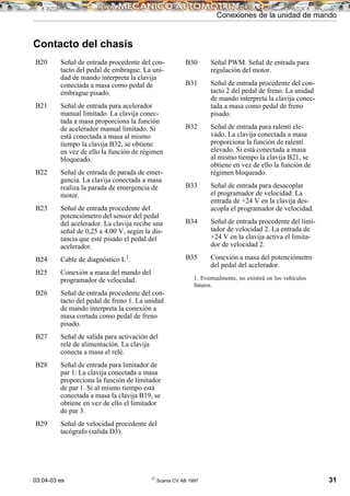 03:04-03 es ©
Scania CV AB 1997 31
Conexiones de la unidad de mando
Contacto del chasis
B20 Señal de entrada procedente del con-
tacto del pedal de embrague. La uni-
dad de mando interpreta la clavija
conectada a masa como pedal de
embrague pisado.
B21 Señal de entrada para acelerador
manual limitado. La clavija conec-
tada a masa proporciona la función
de acelerador manual limitado. Si
está conectada a masa al mismo
tiempo la clavija B32, se obtiene
en vez de ello la función de régimen
bloqueado.
B22 Señal de entrada de parada de emer-
gencia. La clavija conectada a masa
realiza la parada de emergencia de
motor.
B23 Señal de entrada procedente del
potenciómetro del sensor del pedal
del acelerador. La clavija recibe una
señal de 0,25 a 4,00 V, según la dis-
tancia que esté pisado el pedal del
acelerador.
B24 Cable de diagnóstico L1
.
B25 Conexión a masa del mando del
programador de velocidad.
B26 Señal de entrada procedente del con-
tacto del pedal de freno 1. La unidad
de mando interpreta la conexión a
masa cortada como pedal de freno
pisado.
B27 Señal de salida para activación del
relé de alimentación. La clavija
conecta a masa el relé.
B28 Señal de entrada para limitador de
par 1. La clavija conectada a masa
proporciona la función de limitador
de par 1. Si al mismo tiempo está
conectada a masa la clavija B19, se
obtiene en vez de ello el limitador
de par 3.
B29 Señal de velocidad procedente del
tacógrafo (salida D3).
1. Eventualmente, no existirá en los vehículos
futuros.
B30 Señal PWM. Señal de entrada para
regulación del motor.
B31 Señal de entrada procedente del con-
tacto 2 del pedal de freno. La unidad
de mando interpreta la clavija conec-
tada a masa como pedal de freno
pisado.
B32 Señal de entrada para ralentí ele-
vado. La clavija conectada a masa
proporciona la función de ralentí
elevado. Si está conectada a masa
al mismo tiempo la clavija B21, se
obtiene en vez de ello la función de
régimen bloqueado.
B33 Señal de entrada para desacoplar
el programador de velocidad. La
entrada de +24 V en la clavija des-
acopla el programador de velocidad.
B34 Señal de entrada procedente del limi-
tador de velocidad 2. La entrada de
+24 V en la clavija activa el limita-
dor de velocidad 2.
B35 Conexión a masa del potenciómetro
del pedal del acelerador.
 