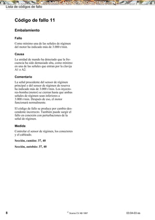 Lista de códigos de fallo
8 ©
Scania CV AB 1997 03:04-03 es
Código de fallo 11
Embalamiento
Fallo
Como mínimo una de las señales de régimen
del motor ha indicado más de 3.000 r/min.
Causa
La unidad de mando ha detectado que la fre-
cuencia ha sido demasiado alta, como mínimo
en una de las señales que entran por la clavija
A1 o A2.
Comentario
La señal procedente del sensor de régimen
principal o del sensor de régimen de reserva
ha indicado más de 3.000 r/min. Los inyecto-
res-bomba (motor) se cierran hasta que ambas
señales de régimen sean inferiores a
3.000 r/min. Después de eso, el motor
funcionará normalmente.
El código de fallo se produce por cambio des-
cendente incorrecto. También puede surgir el
fallo en conexión con perturbaciones de la
señal de régimen.
Medida
Controlar el sensor de régimen, los conectores
y el cableado.
Sección, camión: 37, 40
Sección, autobús: 37, 40
 