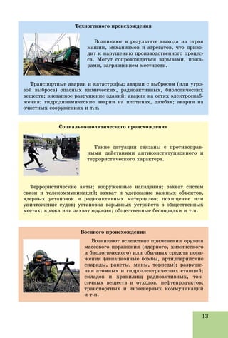 13
Òåõíîãåííîãî ïðîèñõîæäåíèÿ
Âîçíèêàþò â ðåçóëüòàòå âûõîäà èç ñòðîÿ
ìàøèí, ìåõàíèçìîâ è àãðåãàòîâ, ÷òî ïðèâî-
äèò ê íàðóøåíèþ ïðîèçâîäñòâåííîãî ïðîöåñ-
ñà. Ìîãóò ñîïðîâîæäàòüñÿ âçðûâàìè, ïîæà-
ðàìè, çàãðÿçíåíèåì ìåñòíîñòè.
Òðàíñïîðòíûå àâàðèè è êàòàñòðîôû; àâàðèè ñ âûáðîñîì (èëè óãðî-
çîé âûáðîñà) îïàñíûõ õèìè÷åñêèõ, ðàäèîàêòèâíûõ, áèîëîãè÷åñêèõ
âåùåñòâ; âíåçàïíîå ðàçðóøåíèå çäàíèé; àâàðèè íà ñåòÿõ ýëåêòðîñíàá-
æåíèÿ; ãèäðîäèíàìè÷åñêèå àâàðèè íà ïëîòèíàõ, äàìáàõ; àâàðèè íà
î÷èñòíûõ ñîîðóæåíèÿõ è ò.ï.
Ñîöèàëüíî-ïîëèòè÷åñêîãî ïðîèñõîæäåíèÿ
Òàêèå ñèòóàöèè ñâÿçàíû ñ ïðîòèâîïðàâ-
íûìè äåéñòâèÿìè àíòèêîíñòèòóöèîííîãî è
òåððîðèñòè÷åñêîãî õàðàêòåðà.
Òåððîðèñòè÷åñêèå àêòû; âîîðóæёííûå íàïàäåíèÿ; çàõâàò ñèñòåì
ñâÿçè è òåëåêîììóíèêàöèé; çàõâàò è óäåðæàíèå âàæíûõ îáúåêòîâ,
ÿäåðíûõ óñòàíîâîê è ðàäèîàêòèâíûõ ìàòåðèàëîâ; ïîõèùåíèå èëè
óíè÷òîæåíèå ñóäîâ; óñòàíîâêà âçðûâíûõ óñòðîéñòâ â îáùåñòâåííûõ
ìåñòàõ; êðàæà èëè çàõâàò îðóæèÿ; îáùåñòâåííûå áåñïîðÿäêè è ò.ï.
Âîåííîãî ïðîèñõîæäåíèÿ
Âîçíèêàþò âñëåäñòâèå ïðèìåíåíèÿ îðóæèÿ
ìàññîâîãî ïîðàæåíèÿ (ÿäåðíîãî, õèìè÷åñêîãî
è áèîëîãè÷åñêîãî) èëè îáû÷íûõ ñðåäñòâ ïîðà-
æåíèÿ (àâèàöèîííûå áîìáû, àðòèëëåðèéñêèå
ñíàðÿäû, ðàêåòû, ìèíû, òîðïåäû); ðàçðóøå-
íèÿ àòîìíûõ è ãèäðîýëåêòðè÷åñêèõ ñòàíöèé;
ñêëàäîâ è õðàíèëèù ðàäèîàêòèâíûõ, òîê-
ñè÷íûõ âåùåñòâ è îòõîäîâ, íåôòåïðîäóêòîâ;
òðàíñïîðòíûõ è èíæåíåðíûõ êîììóíèêàöèé
è ò.ï.
 