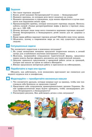132
Задания
1. ×òî òàêîå òîðãîâëÿ ëþäüìè?
2. Êàêèõ äåòåé íàçûâàþò áåñïðèçîðíûìè? À êàêèõ — áåçíàäçîðíûìè?
3. Íàçîâèòå ïðè÷èíû, ïî êîòîðûì äåòè ìîãóò îêàçàòüñÿ íà óëèöå.
4. Íàçîâèòå îðãàíèçàöèè è ó÷ðåæäåíèÿ, êóäà ìîæíî îáðàòèòüñÿ â ñëó÷àå îïàñ-
íîñòè èëè íàðóøåíèÿ âàøèõ ïðàâ.
5. Ïðîàíàëèçèðóéòå ïðèёìû, êîòîðûå èñïîëüçóþò òîðãîâöû ëþäüìè. Âîñïîëü-
çóéòåñü ñõåìîé «Ñàìûå ðàñïðîñòðàíёííûå ìèôû è ôàêòû î òîðãîâëå ëþäü-
ìè» íà ñ. 128–129.
6. Ïî÷åìó ìîëîäûå ëþäè ÷àùå âñåãî ñòàíîâÿòñÿ æåðòâàìè òîðãîâöåâ ëþäüìè?
7. Ïî÷åìó áåñïðèçîðíîñòü è áåçíàäçîðíîñòü äåòåé îïàñíà äëÿ èõ çäîðîâüÿ è
æèçíè?
8. Êàêèå ïðàâà ðåáёíêà íàðóøàåò òîðãîâëÿ äåòüìè? Îáîñíóéòå ñâîþ òî÷êó çðåíèÿ.
9. Îáúÿñíèòå, ïî÷åìó â ñîâðåìåííîì ìèðå äî ñèõ ïîð ñóùåñòâóåò òîðãîâëÿ
ëþäüìè.
Ситуационные задачи
×òî ïîñîâåòóåòå ïîäðîñòêàì â îïèñàííûõ ñèòóàöèÿõ?
1. Íà óëèöå íåçíàêîìàÿ æåíùèíà ïðåäëàãàåò ïîäðîñòêàì ïîåõàòü â ëåòíèé
ëàãåðü äëÿ óãëóáëёííîãî èçó÷åíèÿ èíîñòðàííîãî ÿçûêà.
2. Ìóæ÷èíà, íàçâàâøèéñÿ ñîòðóäíèêîì òóðèñòè÷åñêîé ôèðìû, ïðåäëîæèë
ïàðíþ ïîìî÷ü áûñòðî îôîðìèòü äîêóìåíòû äëÿ òóðèñòè÷åñêîé ïîåçäêè.
3. Äåâóøåê ïðèâëåêëî ïðåäëîæåíèå î âðåìåííîé ðàáîòå ëåòîì çà ãðàíèöåé,
êîòîðîå îíè íàøëè íà îäíîì èç ñàéòîâ â Èíòåðíåòå.
4. Þíîøå ïðåäëîæèëè èíòåðåñíóþ ðàáîòó è ïðèãëàñèëè íà ñîáåñåäîâàíèå.
Поработайте в паре или группе
Îáñóäèòå, êàê äåéñòâîâàòü, åñëè íåçíàêîìåö ïðèãëàøàåò âàñ ñíèìàòüñÿ äëÿ
ìîäíîãî æóðíàëà èëè â êèíîôèëüìå.
Моделируйте — приобретайте жизненные навыки
1. ×òî ïîñîâåòóåòå äðóçüÿì, êîòîðûå âïåðâûå åäóò çà ãðàíèöó, ÷òîáû îíè ÷óâ-
ñòâîâàëè ñåáÿ áåçîïàñíî çà ïðåäåëàìè ñòðàíû?
2. Ïðåäñòàâüòå ñåáÿ ñîòðóäíèêîì ïðàâîîõðàíèòåëüíûõ îðãàíîâ Óêðàèíû. Êà-
êèå ïðîôèëàêòè÷åñêèå ìåðû áóäåòå ïðîâîäèòü, ÷òîáû ëèêâèäèðîâàòü äåò-
ñêóþ áåñïðèçîðíîñòü è áåçíàäçîðíîñòü?
3. Ðàññìîòðèòå ðèñóíêè. Êàê äåéñòâîâàòü äåòÿì â ýòèõ ñèòóàöèÿõ?
?
1
2 3
 