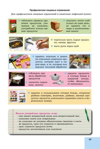49
Профилактика пищевых отравлений
Äëÿ ïðîôèëàêòèêè ïèùåâûõ îòðàâëåíèé è êèøå÷íûõ èíôåêöèé íóæíî:
Íåëüçÿ óïîòðåáëÿòü ïðîäóêòû, åñëè:
•îíè èìåþò íåïðèÿòíûé çàïàõ èëè íåïðèãëÿäíûé âèäîíè èìåþò íåïðèÿòíûé çàïàõ èëè íåïðèãëÿäíûé âèä
•óïàêîâêà ñìÿòà èëè ïîâðåæäåíàóïàêîâêà ñìÿòà èëè ïîâðåæäåíà
•íà óïàêîâêå íå óêàçàíû îáÿçàòåëüíûå ñâåäåíèÿ î ñîñòà-íà óïàêîâêå íå óêàçàíû îáÿçàòåëüíûå ñâåäåíèÿ î ñîñòà
âå ïðîäóêòà, ñðîê åãî ãîäíîñòè è ïðîèçâîäèòåëüâå ïðîäóêòà, ñðîê åãî ãîäíîñòè è ïðîèçâîäèòåëü
•ñðîê ãîäíîñòè ïðîäóêòà èñòёêñðîê ãîäíîñòè ïðîäóêòà èñòёê
•ïðîäóêòû çàïëåñíåâåëè èëè ïîäãíèëèïðîäóêòû çàïëåñíåâåëè èëè ïîäãíèëè
 ñîáëþäàòü ïðàâèëà õðà-
íåíèÿ ïðîäóêòîâ, óêà-
çàííûå íà óïàêîâêå,
óïîòðåáëÿòü òîëüêî ñâå-
æèå ïðîäóêòû
 õðàíèòü ïðîäóêòû
è ãîòîâûå áëþäà â
çàêðûòîé ïîñóäå,
÷òîáû îáåçîïàñèòü
îò íàñåêîìûõ
 ïîêóïàòü ëåòîì õëåá
òîëüêî íà îäèí äåíü,
íå õðàíèòü åãî â
æàðó â ïîëèýòèëåíî-
âîì ïàêåòå
 õðàíèòü â õîëîäèëüíèêå ãîòîâûå áëþäà, îòêðûòûå
ðûáíûå êîíñåðâû, ìîëî÷íûå, ðûáíûå, ìÿñíûå ïðî-
äóêòû; ïðîäóêòû äëèòåëüíîãî õðàíåíèÿ êëàñòü â ìî-
ðîçèëüíóþ êàìåðó
 õðàíèòü îòäåëüíî è ðåçàòü
íà îòäåëüíûõ äîùå÷êàõ ïðî-
äóêòû, êîòîðûå åäÿò â ñû-
ðîì âèäå, è òå, êîòîðûå ïîä-
âåðãàþò òåïëîâîé îáðàáîòêå
 òùàòåëüíî ìûòü ñûðûå ïðîäóê-
òû, îâîùè, ôðóêòû
 ìûòü ðóêè ïåðåä åäîé
 ñîáëþäàòü ïðà-
âèëà îáðàáîòêè
ïðîäóêòîâ
 êèïÿòèòü ñûðóþ
âîäó, ìîëîêî

 