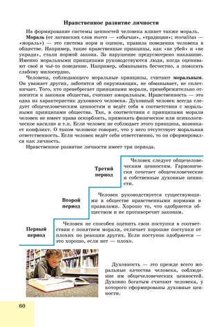 60
Íðàâñòâåííîå ðàçâèòèå ëè÷íîñòè
Íà ôîðìèðîâàíèå ñèñòåìû öåííîñòåé ÷åëîâåêà âëèÿåò òàêæå ìîðàëü.
Ìîðàëü (îò ëàòèíñêèõ ñëîâ mores — «îáû÷àè», «òðàäèöèè»; moralitas —
«ìîðàëü») — ýòî ñèñòåìà íîðì è îöåíîê, ïðàâèëà ïîâåäåíèÿ ÷åëîâåêà â
îáùåñòâå. Íàïðèìåð, òàêèå íðàâñòâåííûå ïðèíöèïû, êàê «íå óáåé» è «íå
óêðàäè», ñòàëè íîðìîé çàêîíà. Çà íàðóøåíèå ïðåäóñìîòðåíî íàêàçàíèå.
Èìåííî ìîðàëüíûìè ïðèíöèïàìè ðóêîâîäñòâóþòñÿ ëþäè, êîãäà îöåíèâà-
þò ñâîё è ÷üё-òî ïîâåäåíèå. Íàïðèìåð, îáìàíûâàòü áåñ÷åñòíî, à ïîìîãàòü
ñëàáîìó ìèëîñåðäíî.
×åëîâåêà, ñîáëþäàþùåãî ìîðàëüíûå ïðèíöèïû, ñ÷èòàþò ìîðàëüíûì.
Îí óâàæàåò äðóãèõ, çàáîòèòñÿ îá îêðóæàþùèõ, íå îáìàíûâàåò, íå ñïëåò-
íè÷àåò. Òîãî, êòî ïðåíåáðåãàåò ïðèíöèïàìè ìîðàëè, ïðåíåáðåæèòåëüíî îò-
íîñèòñÿ ê çàêîíàì îáùåñòâà, ñ÷èòàþò àìîðàëüíûì. Íðàâñòâåííîñòü — ýòî
îäíà èç õàðàêòåðèñòèê äóõîâíîãî ÷åëîâåêà. Äóõîâíûé ÷åëîâåê âñåãäà ñëå-
äóåò îáùå÷åëîâå÷åñêèì öåííîñòÿì è âåäёò ñåáÿ â ñîîòâåòñòâèè ñ ìîðàëü-
íûìè ïðèíöèïàìè îáùåñòâà. Òàê, â ñîîòâåòñòâèè ñ ïðèíöèïàìè ìîðàëè
÷åëîâåê íå èìååò ïðàâà îñêîðáëÿòü, ïðèìåíÿòü ôèçè÷åñêîå èëè ïñèõîëîãè-
÷åñêîå íàñèëèå è ò.ï. Åñëè ÷åëîâåê íå ñîáëþäàåò ýòîãî ïðèíöèïà, âîçíèêà-
åò êîíôëèêò. Î òàêîì ÷åëîâåêå ãîâîðÿò, ÷òî ó íåãî îòñóòñòâóåò ìîðàëüíàÿ
îòâåòñòâåííîñòü. Åñëè ÷åëîâåê âåäёò ñåáÿ îòâåòñòâåííî, òî îí ñôîðìèðîâàë-
ñÿ êàê ëè÷íîñòü.
Íðàâñòâåííîå ðàçâèòèå ëè÷íîñòè èìååò òðè ïåðèîäà.
Òðåòèé
ïåðèîä
×åëîâåê ñëåäóåò îáùå÷åëîâå-
÷åñêèì öåííîñòÿì. Ãàðìîíè÷å-
ñêè ñî÷åòàåò îáùå÷åëîâå÷åñêèå
è ñîáñòâåííûå äóõîâíûå öåííî-
ñòè.
Âòîðîé
ïåðèîä
×åëîâåê ðóêîâîäñòâóåòñÿ ñóùåñòâóþùè-
ìè â îáùåñòâå íðàâñòâåííûìè íîðìàìè è
ïðàâèëàìè. Õîðîøî òî, ÷òî îäîáðÿåòñÿ îá-
ùåñòâîì è íå ïðîòèâîðå÷èò çàêîíàì.
Ïåðâûé
ïåðèîä
×åëîâåê íå ñïîñîáåí îöåíèòü ñâîè ïîñòóïêè â ñîîòâåò-
ñòâèè ñ ïîíÿòèåì ìîðàëè, îòëè÷àåò õîðîøèå ïîñòóïêè îò
ïëîõèõ ïî ðåàêöèè äðóãèõ. Åñëè ïîñòóïîê îäîáðÿåòñÿ —
ýòî õîðîøî, åñëè íåò — ïëîõî.
Äóõîâíîñòü — ýòî ïðåæäå âñåãî ìî-
ðàëüíûå êà÷åñòâà ÷åëîâåêà, ñîáëþäå-
íèå èì îáùå÷åëîâå÷åñêèõ öåííîñòåé.
Äóõîâíî áîãàòûì ñ÷èòàþò ÷åëîâåêà, ó
êîòîðîãî ñôîðìèðîâàíû äóõîâíûå öåí-
íîñòè.
 