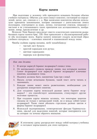 144
Карты памяти
При подготовке к экзамену тебе приходится осваивать большие объемы
учебного материала.  Обычно для этого пишут конспект, состоящий из опреде-
лений, цитат, дат, списков и т. д. При написании конспектов обычно исполь-
зуют принципы запоминания, которые связывают с деятельностью левого
полушария, отвечающего за язык, логику, составление списков, операции с
числами и не учитывающего таких принципов как ассоциативность, вообра-
жение, юмор, преувеличение и др.
Психолог Тони Бьюзен предлагает вместо классических конспектов разра-
батывать карты памяти (рис. 53).  Они привлекают к сбалансированной рабо-
те оба полушария мозга. Карты памяти помогают создать целостный образ
учебного материала – ключевых понятий и взаимосвязей между ними.
    
Чтобы создать карту памяти, тебе понадобятся:
•
	
чистый лист бумаги;
•
	
простой карандаш или ручка;
•
	
цветные карандаши;
•
	
маркеры или фломастеры.
К итоговому уроку распределите между собой материал учебника
и составьте карты памяти для этого материла.
          
Как это делать:
1.
	
В  центре нарисуй (правое полушарие) символ темы.
2.
	
От центрального символа проведи линии, над которыми напиши
(левое полушарие) или нарисуй (правое полушарие) ключевые
понятия, касающиеся темы.
3.
	
Надписи должны быть лаконичны (два-три слова).
4.
	
Писать лучше печатными буквами, такой текст легче читать и
запоминать.
5.
	
Каждая линия может иметь разветвления, необходимые для
раскрытия конкретного понятия.
  
6.
	
Для создания карты используй разные цвета (правое полу-
шарие) – это способствует запоминанию, стимулирует другие
мозговые процессы.
7.
	
При создании карты можешь осознать, что некоторые понятия
связаны не только с центральной темой, но и между собой (левое
полушарие). Такие связи обозначь стрелками разных цветов и
формы (правое полушарие).
8.
	
Используй подчеркивания, геометрические фигуры (прямоуголь-
ники, овалы) для выделения понятий, которые повторяются или
на которые ты хочешь обратить внимание.
 