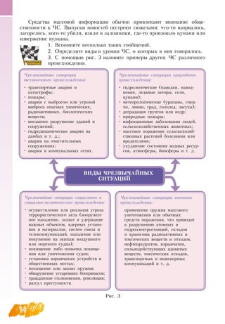 14
Чрезвычайные ситуации
техногенного происхождения:
•
	
транспортные аварии и
катастрофы;
•
	
пожары;
•
	
аварии с выбросом или угрозой
выброса опасных химических,
радиоактивных, биологических
веществ;
•
	
внезапное разрушение зданий и
сооружений;
•
	
гидродинамические аварии на
дамбах и т. д.;
•
	
аварии на очистительных
сооружениях;
•
	
аварии в коммунальных сетях.
Чрезвычайные ситуации природного
происхождения:
•
	
гидрологические (паводки, навод­
нения, ледяные заторы, сели,
    
цунами);
•
	
метеорологические (ураганы, смер-
чи, ливни, град, гололед, засуха);
•
	
деградация грунтов или недр;
•
	
природные пожары;
•
	
инфекционные заболевания людей,
сельскохозяйственных животных;
•
	
массовое поражение сельскохозяй-
ственных растений болезнями или
вредителями;
•
	
ухудшение состояния водных ресур-
сов, атмосферы, биосферы и т. д.
Чрезвычайные ситуации социального и
социально-политического происхождения:
•
	
осуществление или реальная угроза
террористического акта (вооружен-
ное нападение, захват и удержание
важных объектов, ядерных устано-
вок и материалов, систем связи и
телекоммуникаций, нападение или
покушение на экипаж воздушного
или морского судна);
•
	
похищение либо попытка похище-
ния или уничтожения судов;
•
	
установка взрывчатых устройств в
общественных местах;
•
	
похищение или захват оружия;
•
	
обнаружение устаревших боеприпасов;
•
	
гражданские столкновения, революции;
•
	
разгул преступности.
Чрезвычайные ситуации военного
происхождения:
применение оружия массового
уничтожения или обычных
средств поражения, что приводит
к разрушению атомных и
гидроэлектростанций, складов
и хранилищ радиоактивных и
токсических веществ и отходов,
нефтепродуктов, взрывчатки,
сильнодействующих ядовитых
веществ, токсических отходов,
транспортных и инженерных
коммуникаций и т. д.
Рис. 3
  
Средства массовой информации обычно привлекают внимание обще-
ственности к ЧС.  Выпуски новостей пестреют сюжетами: что-то взорвалось,
загорелось, кого-то убили, взяли в заложники, где-то произошло цунами или
извержение вулкана.
1.
	
Вспомните несколько таких сообщений.
2.
	
Определите виды и уровни ЧС, о которых в них говорилось.
3.
	
С  помощью рис. 3 назовите примеры других ЧС  различного
происхождения.
ВИДЫ ЧРЕЗВЫЧАЙНЫХ
СИТУАЦИЙ
 