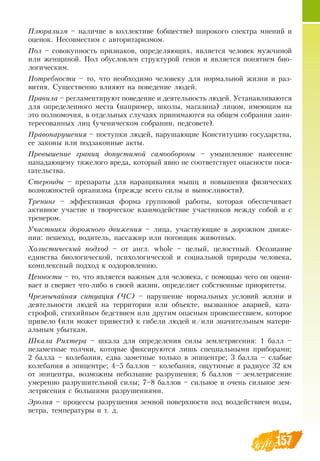 157
Плюрализм – наличие в коллективе (обществе) широкого спектра мнений и
оценок.  Несовместим с авторитаризмом.
Пол – совокупность признаков, определяющих, является человек мужчиной
или женщиной. Пол обусловлен структурой генов и является понятием био-
логическим.
Потребности – то, что необходимо человеку для нормальной жизни и раз-
вития.  Существенно влияют на поведение людей.
Правила – регламентируют поведение и деятельность людей. Устанавливаются
для определенного места (например, школы, магазина) лицом, имеющим на
это полномочия, в отдельных случаях принимаются на общем собрании заин-
тересованных лиц (ученическом собрании, педсовете).
Правонарушения – поступки людей, нарушающие Конституцию государства,
ее законы или подзаконные акты.
Превышение границ допустимой самообороны – умышленное нанесение
нападающему тяжелого вреда, который явно не соответствует опасности пося-
гательства.
Стероиды – препараты для наращивания мышц и повышения физических
возможностей организма (прежде всего силы и выносливости).
Тренинг – эффективная форма групповой работы, которая обеспечивает
активное участие и творческое взаимодействие участников между собой и с
тренером.
Участники дорожного движения – лица, участвующие в дорожном движе-
нии: пешеход, водитель, пассажир или погонщик животных.
Холистический подход – от англ. whole – целый, целостный.  Осознание
единства биологической, психологической и социальной природы человека,
комплексный подход к оздоровлению.
Ценности – то, что является важным для человека, с помощью чего он оцени-
вает и сверяет что-либо в своей жизни, определяет собственные приоритеты.
Чрезвычайная ситуация (ЧС) – нарушение нормальных условий жизни и
деятельности людей на территории или объекте, вызванное аварией, ката-
строфой, стихийным бедствием или другим опасным происшествием, которое
привело (или может привести) к гибели людей и/или значительным матери-
альным убыткам.
Шкала Рихтера – шкала для определения силы землетрясения: 1 балл –
незаметные толчки, которые фиксируются лишь специальными приборами;
2 балла – колебания, едва заметные только в эпицентре; 3 балла – слабые
колебания в эпицентре; 4–5 баллов – колебания, ощутимые в радиусе 32 км
от эпицентра, возможны небольшие разрушения; 6 баллов – землетрясение
умеренно разрушительной силы; 7–8 баллов – сильное и очень сильное зем-
летрясения с большими разрушениями.
Эрозия – процессы разрушения земной поверхности под воздействием воды,
ветра, температуры и т. д.
  
 