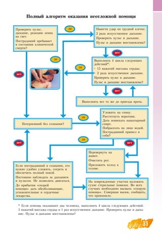 31
Полный алгоритм оказания неотложной помощи
* Если помощь оказывают два человека, выполнить 4 цикла следующих действий:
  
5 нажатий массажа сердца и 1 раз искусственное дыхание. Проверить пульс и дыха-
ние. Пульс и дыхание восстановлены?
Проверить пульс,
дыхание, реакцию зениц
на свет.
	
Пострадаший пребывает
в состоянии клинической
смерти?
Потерпевший без сознания?
Перевернуть на
живот.
Очистить рот.
Приложить холод к
голове.
Если пострадавший в сознании, его
нужно удобно уложить, согреть и
обеспечить полный покой.
Постоянно наблюдать за дыханием
и пульсом.  Не позволять двигаться.
До прибытия «скорой
помощи» дать обезболивающие,
успокоительные и сердечные
лекарства.
На поврежденные участки наложить
сухие стерильные повязки.  Во всех
случаях необходимо вызвать «скорую
помощь».  Совершая вызов, сообщить,
что произошло.
Выполнить 4 цикла следующих
действий*:
•
	
15 нажатий массажа сердца;
•
	
2 раза искусственное дыхание.
Проверить пульс и дыхание.
Пульс и дыхание восстановлены?
Выполнять все то же до приезда врача.
Нанести удар по грудной клетке;
2 раза искусственное дыхание.
Проверить пульс и дыхание.
Пульс и дыхание восстановлены?
нет
нет
нет
нет
нет
да
да
да
да
да
Уложить на спину.
Расстегнуть воротник.
Дать понюхать нашатырный
спирт.
Побрызгать на лицо водой.
Пострадавший пришел в
себя?
 