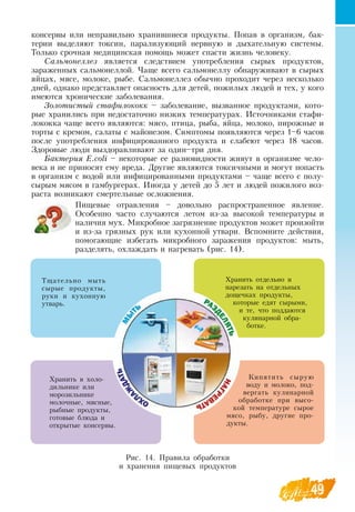 49
консервы или неправильно хранившиеся продукты. Попав в организм, бак-
терии выделяют токсин, парализующий нервную и дыхательную системы.
Только срочная медицинская помощь может спасти жизнь человеку.
Сальмонеллез является следствием употребления сырых продуктов,
зараженных сальмонеллой. Чаще всего сальмонеллу обнаруживают в сырых
яйцах, мясе, молоке, рыбе.  Сальмонеллез обычно проходит через несколько
дней, однако представляет опасность для детей, пожилых людей и тех, у кого
имеются хронические заболевания.
Золотистый стафилококк – заболевание, вызванное продуктами, кото-
рые хранились при недостаточно низких температурах. Источниками стафи-
лококка чаще всего являются: мясо, птица, рыба, яйца, молоко, пирожные и
торты с кремом, салаты с майонезом.  Симптомы появляются через 1–6 часов
после употребления инфицированного продукта и слабеют через 18 часов.
Здоровые люди выздоравливают за один–три дня.
Бактерия E.coli – некоторые ее разновидности живут в организме чело-
века и не приносят ему вреда.  Другие являются токсичными и могут попасть
в организм с водой или инфицированными продуктами – чаще всего с полу-
сырым мясом в гамбургерах. Иногда у детей до 5 лет и людей пожилого воз-
раста возникают смертельные осложнения.
Пищевые отравления – довольно распространенное явление.
Особенно часто случаются летом из-за высокой температуры и
наличия мух. Микробное загрязнение продуктов может произойти
и из-за грязных рук или кухонной утвари.  Вспомните действия,
помогающие избегать микробного заражения продуктов: мыть,
разделять, охлаждать и нагревать (рис. 14).
Рис. 14. Правила обработки
и хранения пищевых продуктов
Тщательно мыть
сырые продукты,
руки и кухонную
утварь.
Хранить отдельно и
нарезать на отдельных
дощечках продукты,
которые едят сырыми,
и те, что поддаются
кулинарной обра-
ботке.
Хранить в холо-
дильнике или
морозильнике
молочные, мясные,
рыбные продукты,
готовые блюда и
открытые консервы.
Кипятить сырую
воду и молоко, под-
вергать кулинарной
обработке при высо-
кой температуре сырое
мясо, рыбу, другие про-
дукты.
 